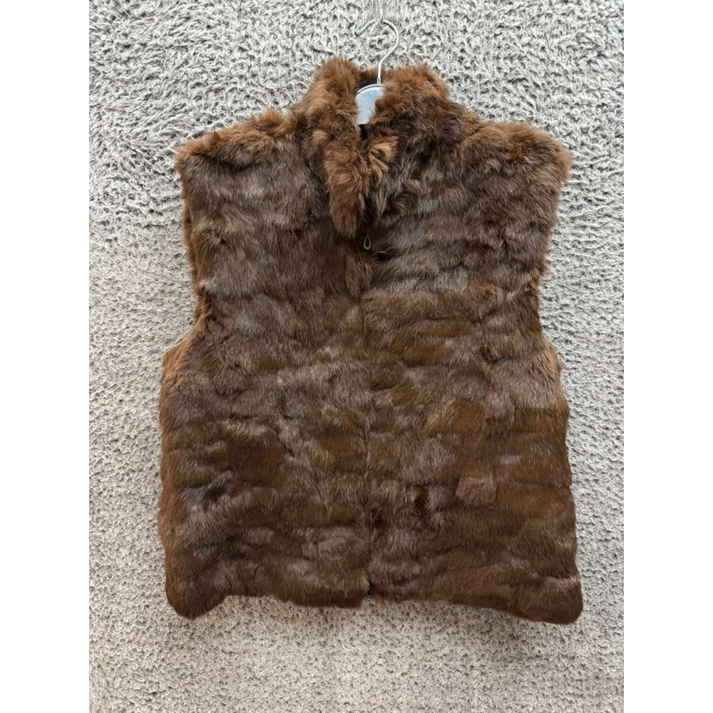 Space 2000 Genuine Leather Fur Collared Full Zip Vest Brown Womens Size L